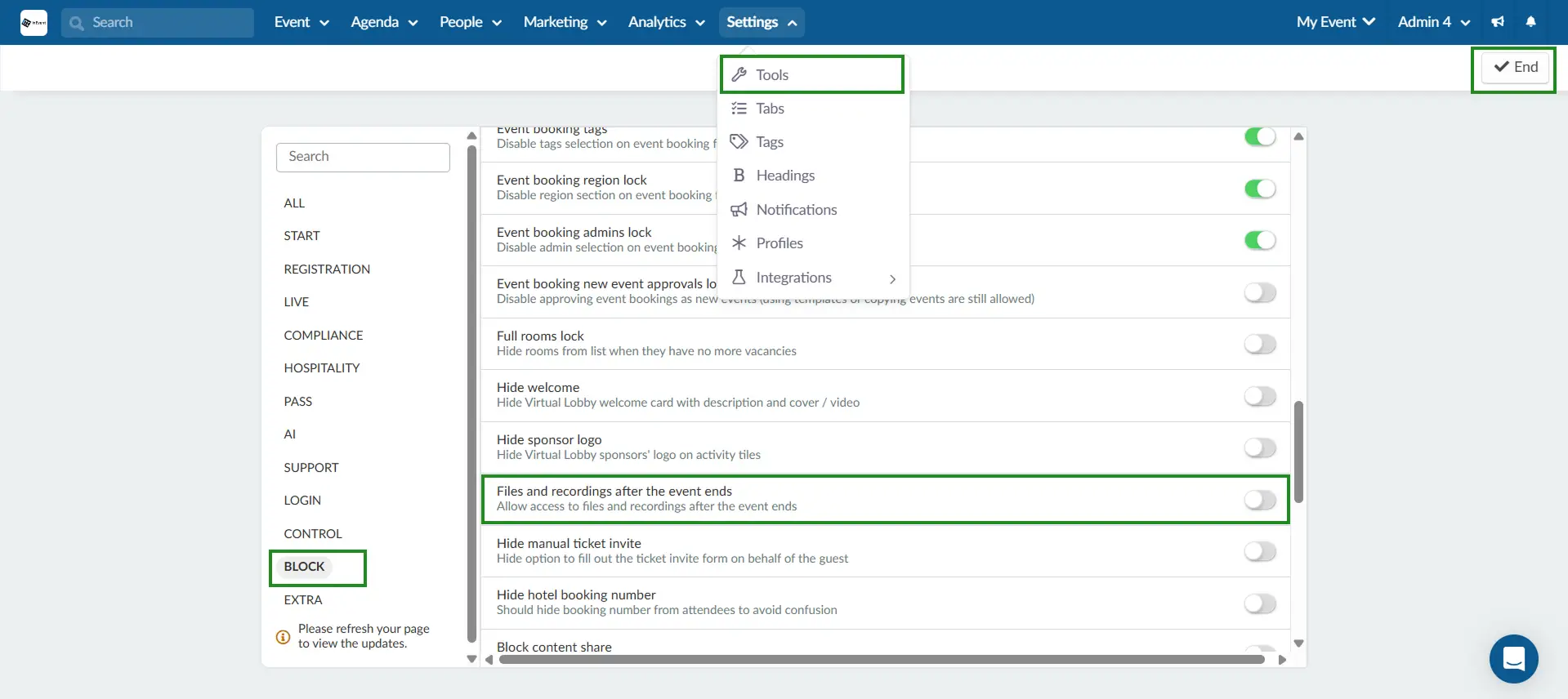 Disable files and recordings tool