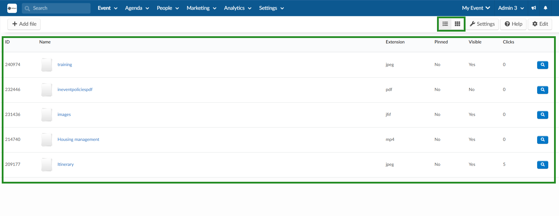 Image showing the two buttons to view files as gallery and list.