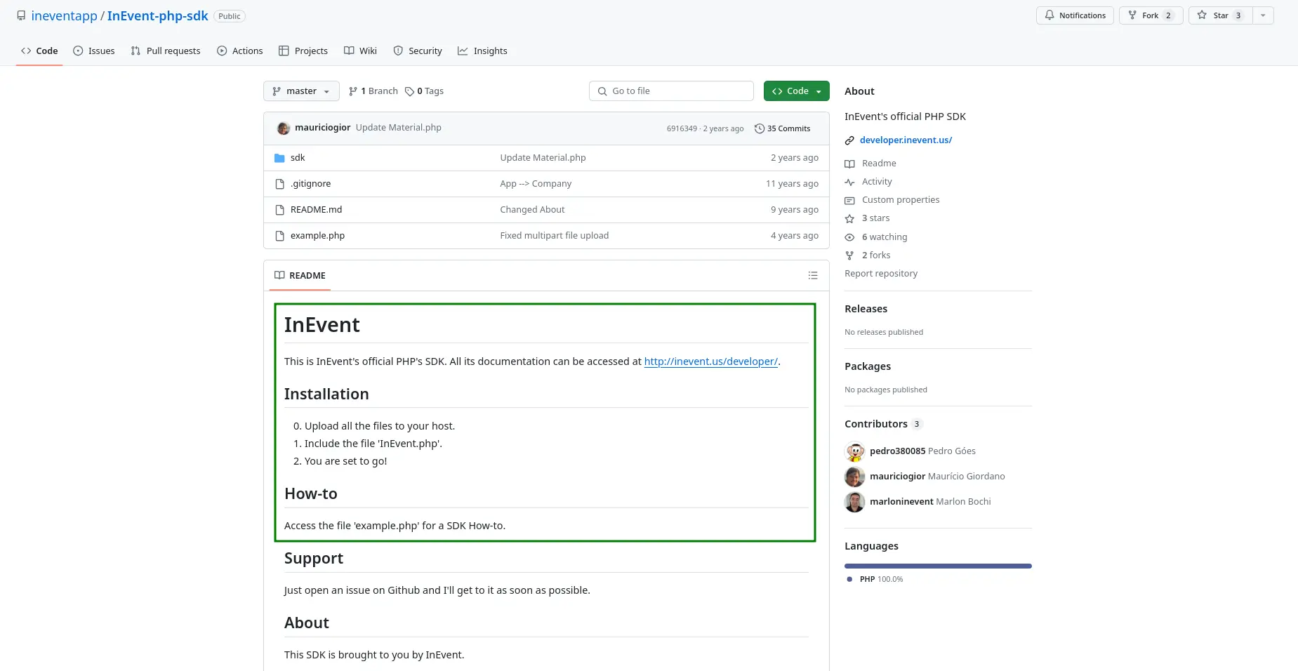 Screenshot showing the InEvent PHP SDK GitHub repo