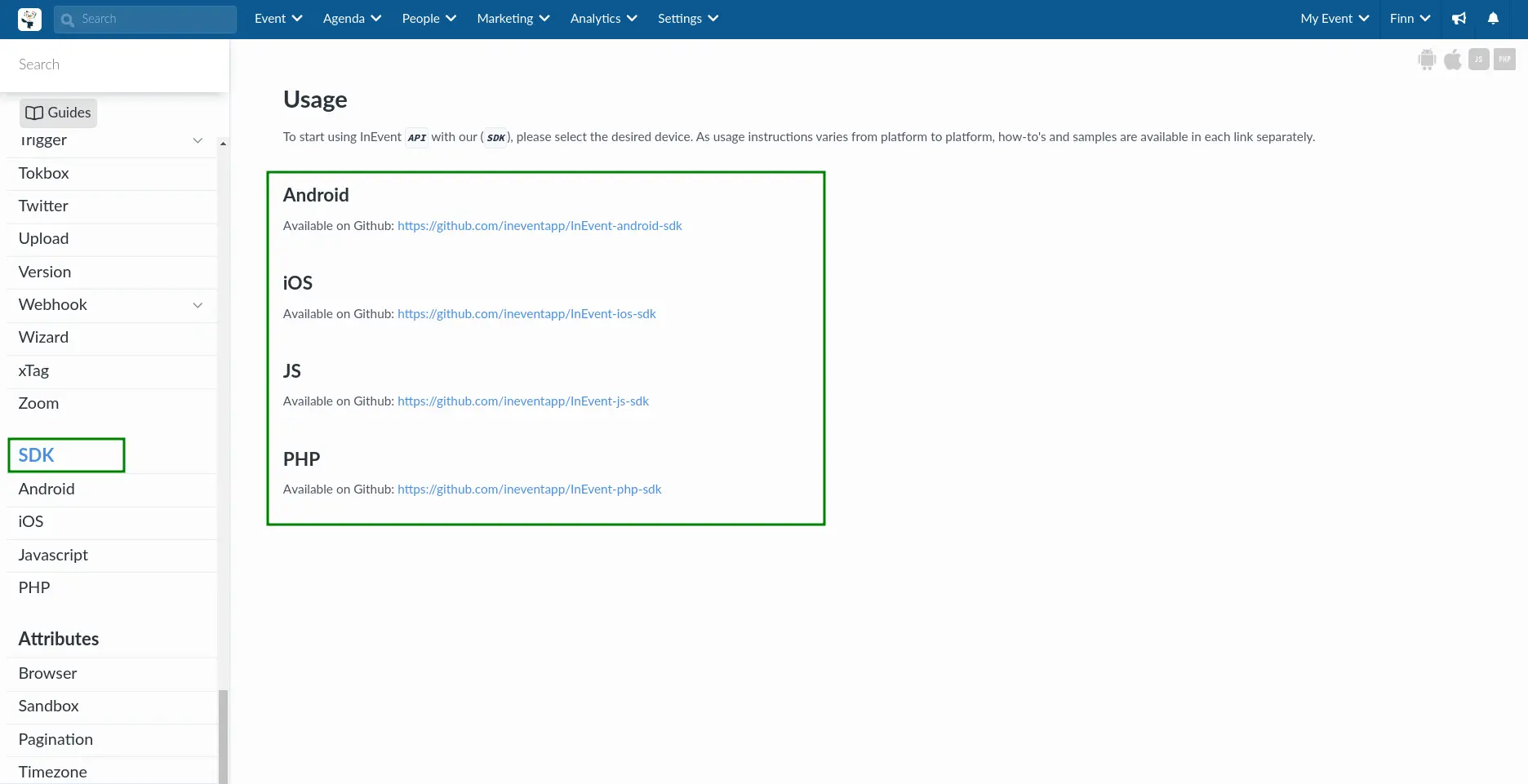 Screenshot showing the InEvent API documentation