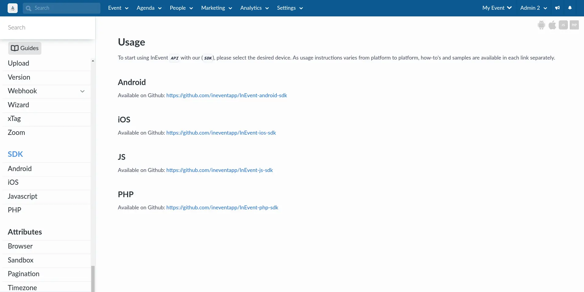 Screenshot showing the InEvent API documentation