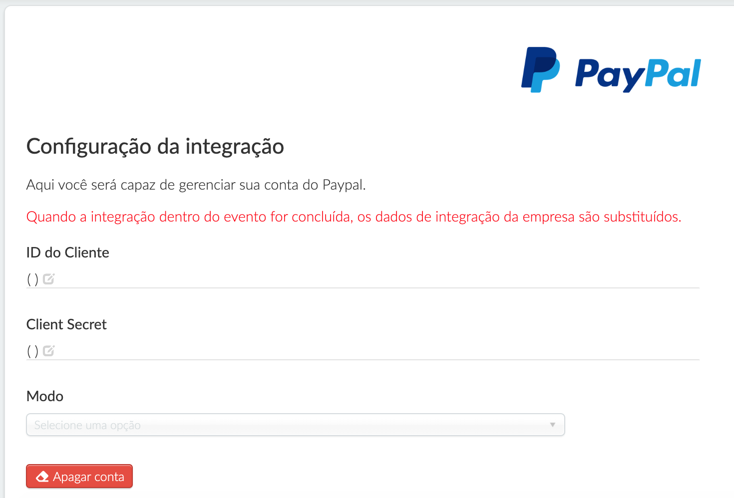 Configurações da integração com Paypal