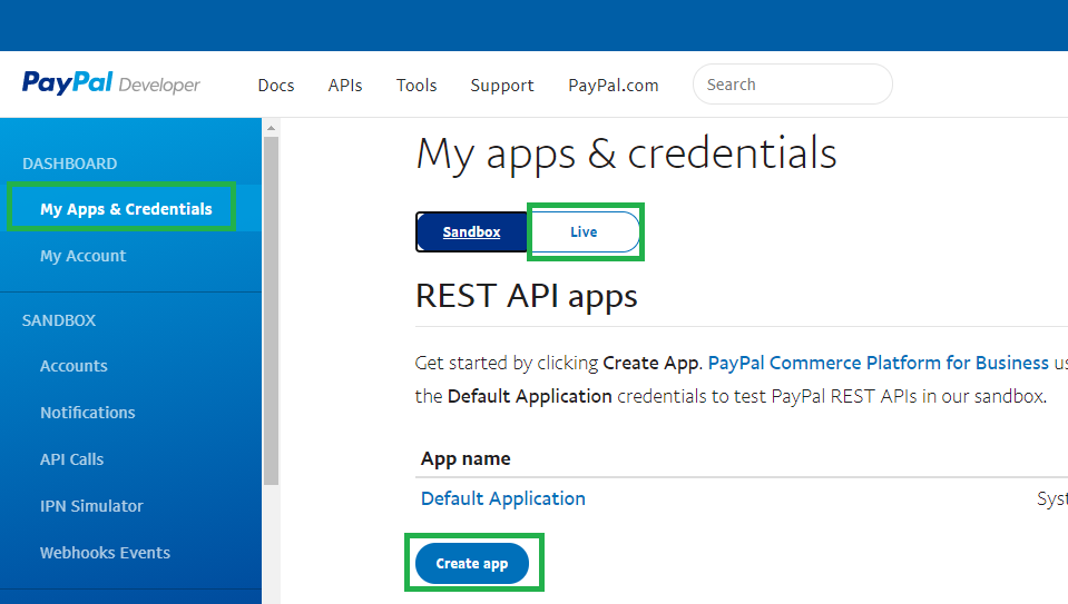 My apps & Credentials > Live > Create app