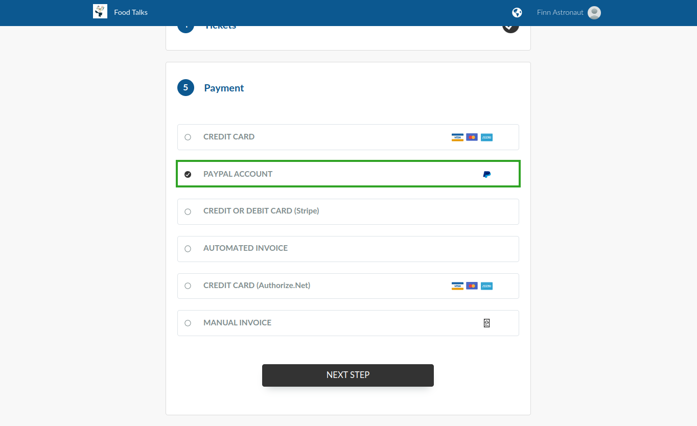 Screenshot showing the Paypal account payment option from the Registration form.