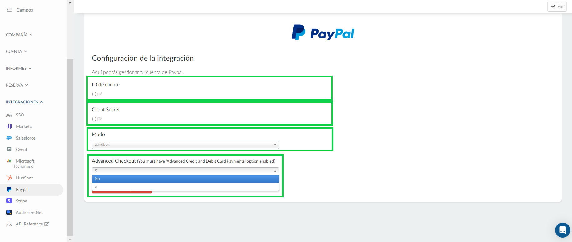 Completar detalles de la integración con Paypal