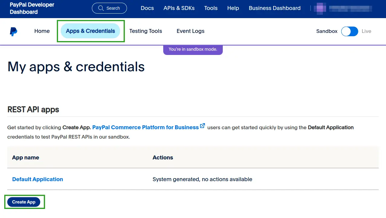 Screenshot showing My apps & credentials in the PayPal Developer Dashboard.
