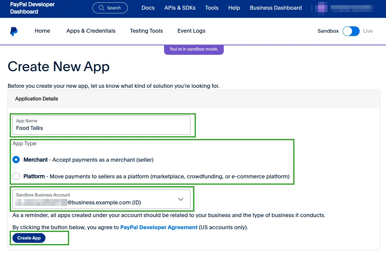 Screenshot showing Create new app interface in the PayPal Developer Dashboard.