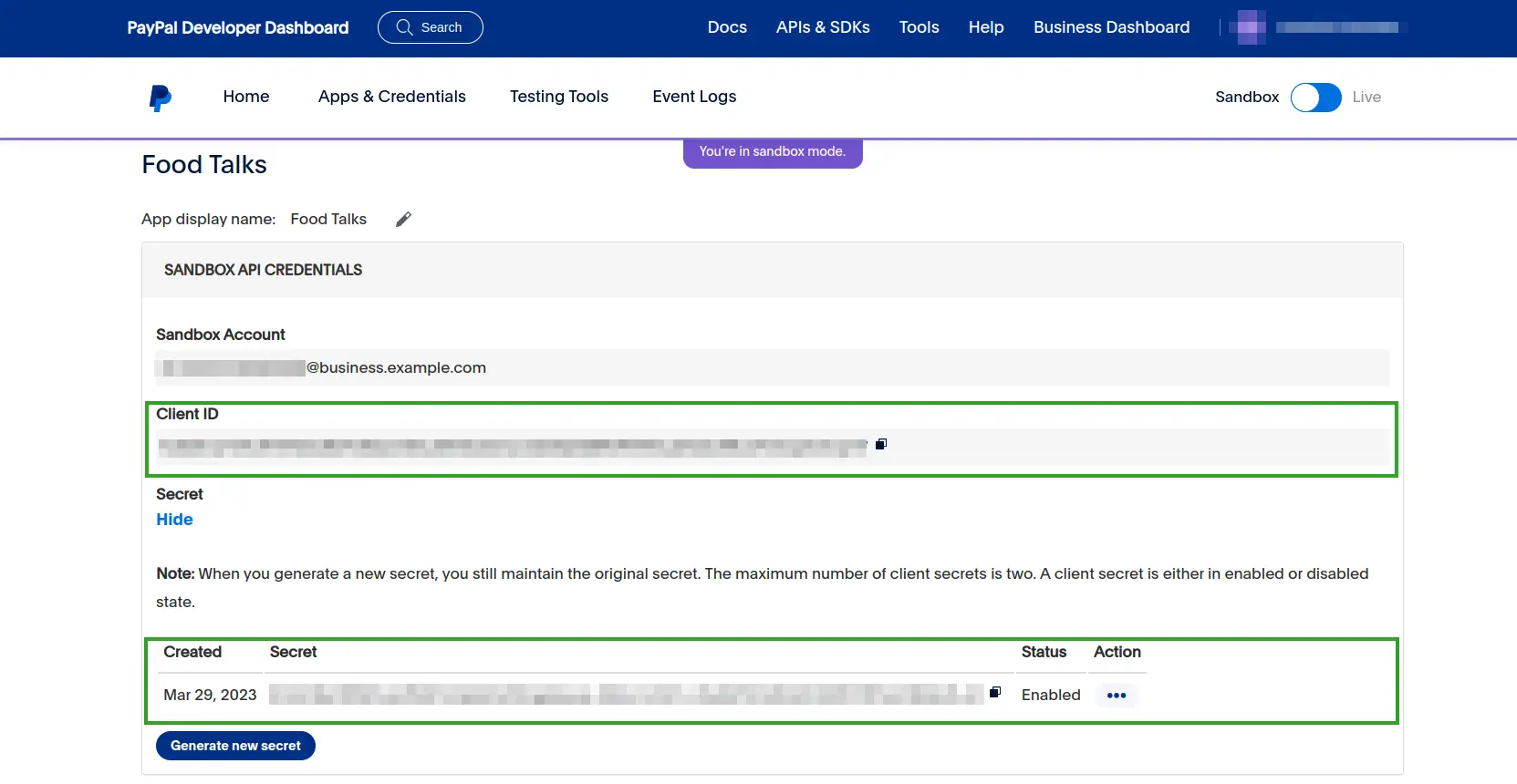 Screenshot showing the App overview in the PayPal Developer Dashboard.