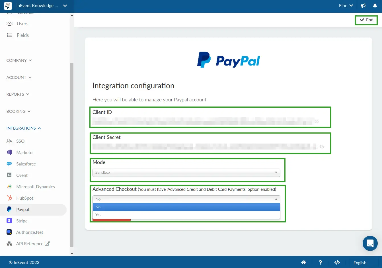 Screenshot showing a completed PayPal integration interface.