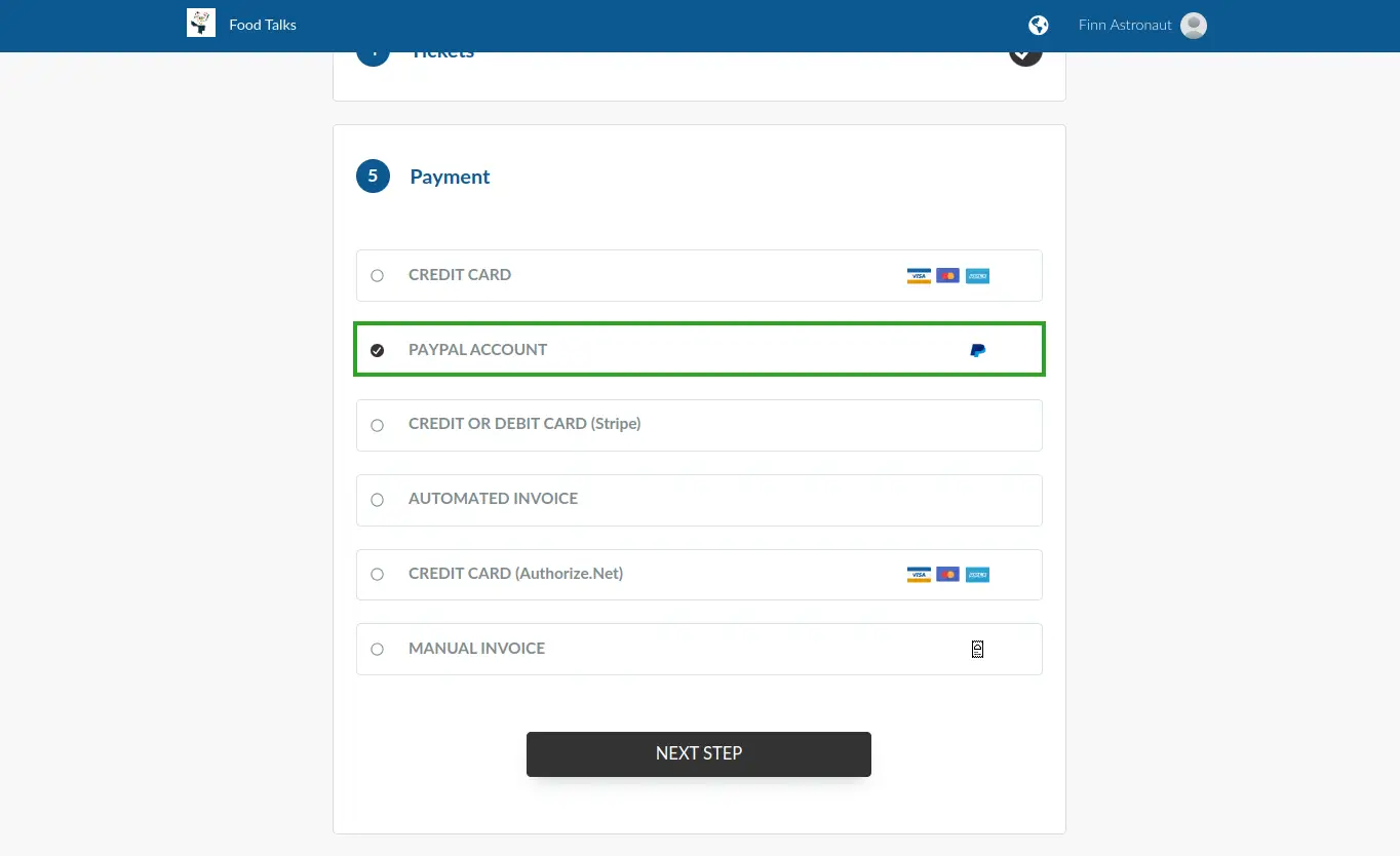 Screenshot showing the Paypal account payment option from the Registration form.