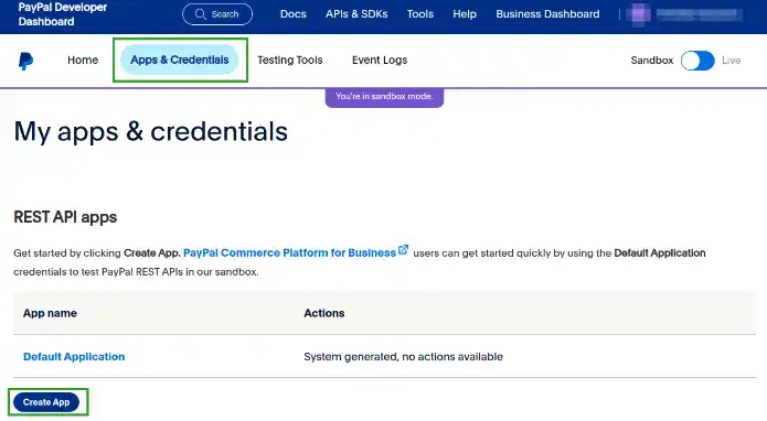 Capture d'écran montrant Mes applications et identifiants dans PayPal Developer Dashboard