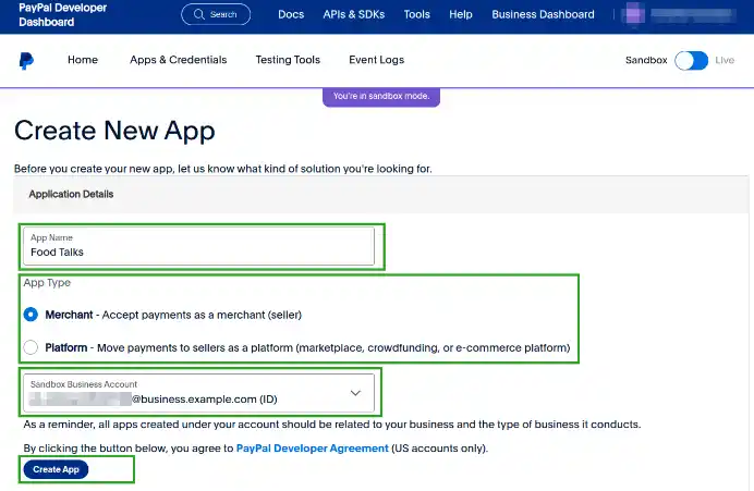 Capture d'écran montrant l'interface de création de nouvelle application dans PayPal Developer Dashboard