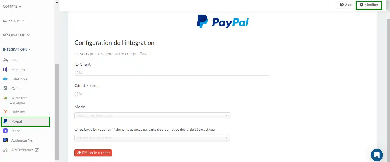 Capture d'écran montrant l'interface d'intégration PayPal au niveau de l'entreprise.