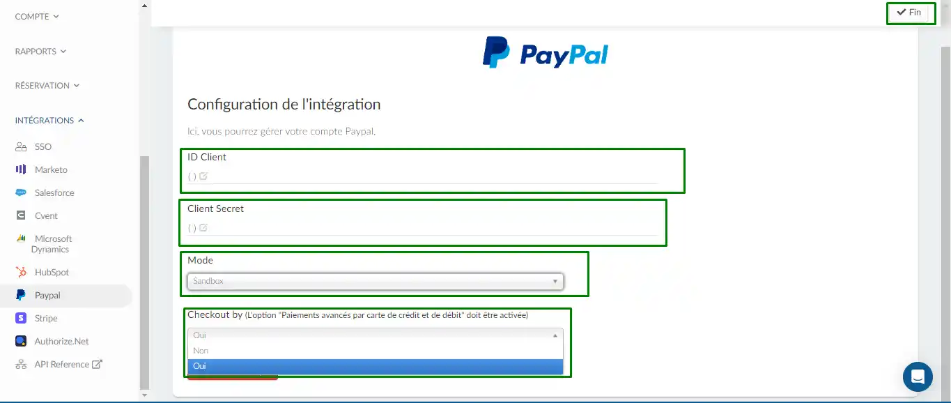 Capture d'écran montrant une interface d'intégration PayPal terminée.