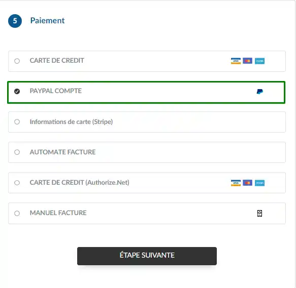 Capture d'écran montrant l'option de paiement du compte Paypal sur le formulaire d'inscription.
