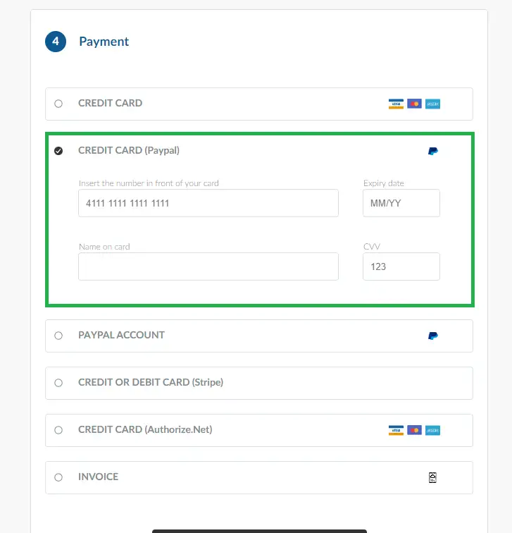 Screenshot showing the Paypal account payment option from the Registration form.