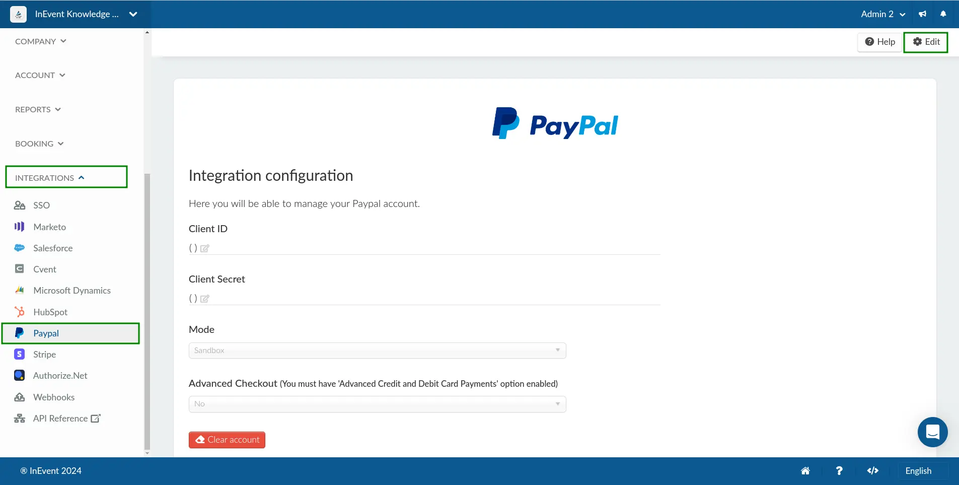 Screenshot showing the PayPal integration interface from the Company level.