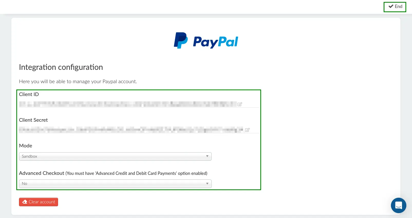 Screenshot showing a completed PayPal integration interface.