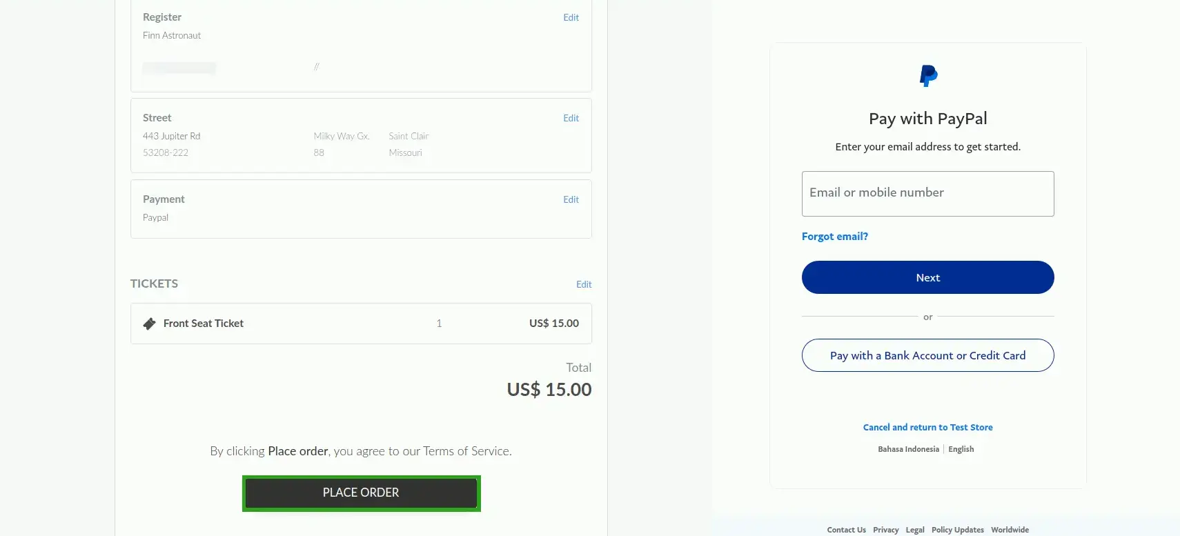 Screenshot showing the Place Order button highlighted and the Paypal login page.