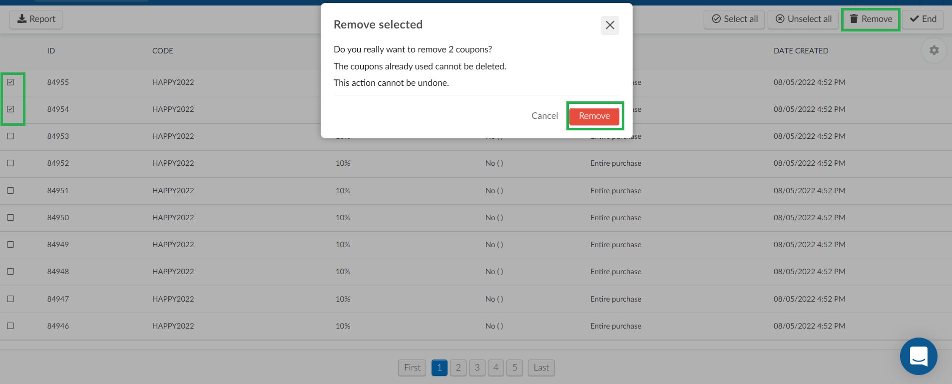 Screenshot of the steps to delete a coupon