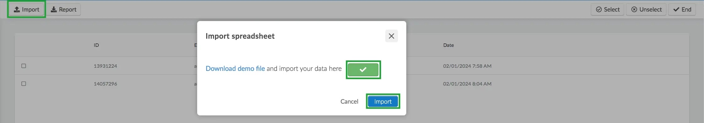 Image showing the import button, the green folder within the import window and the confirm import blue button 
