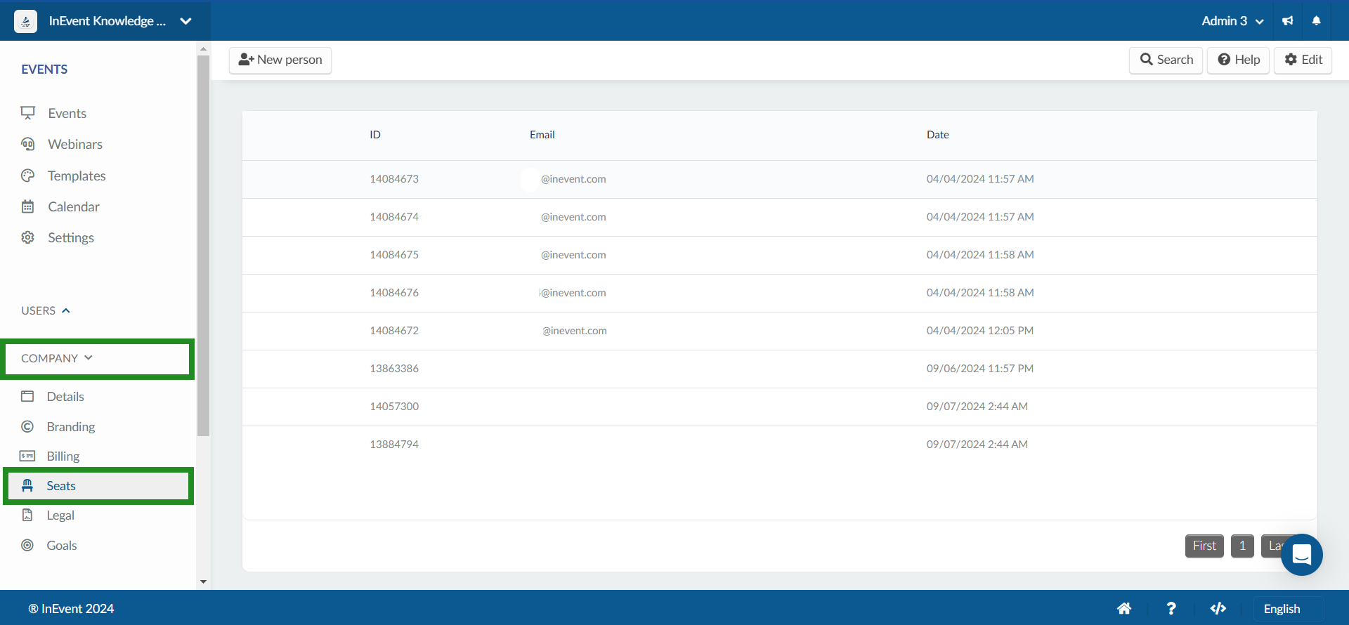 Image showing the Seats page on the company level 