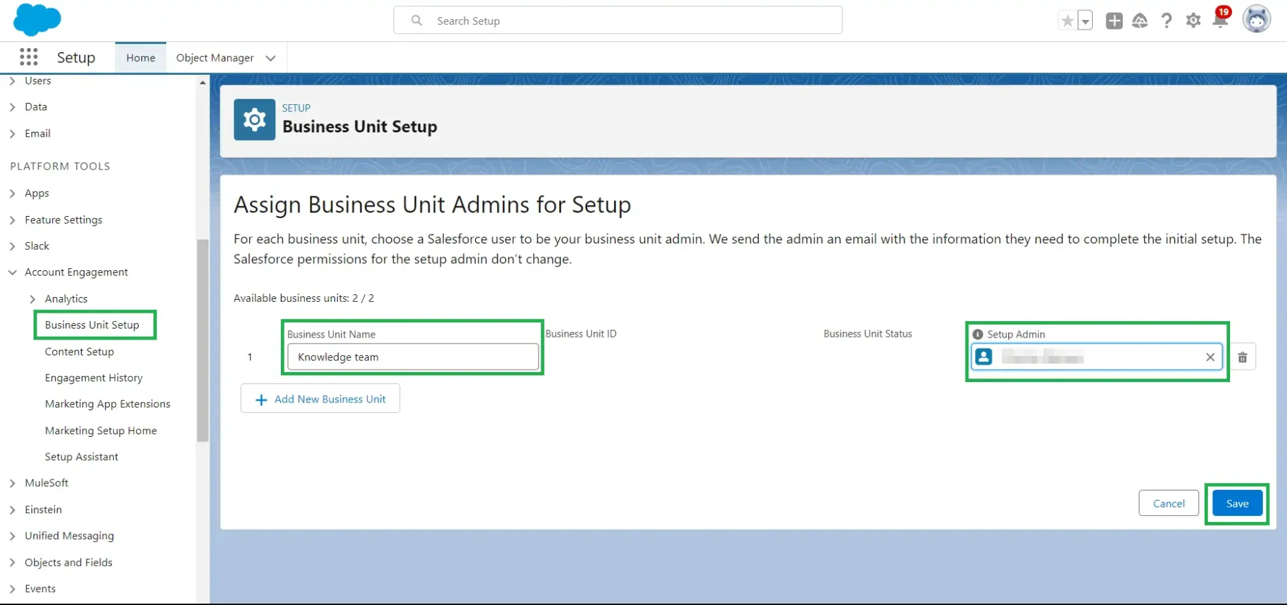 Screenshot of the Pardot Business ID creation page within Salesforce