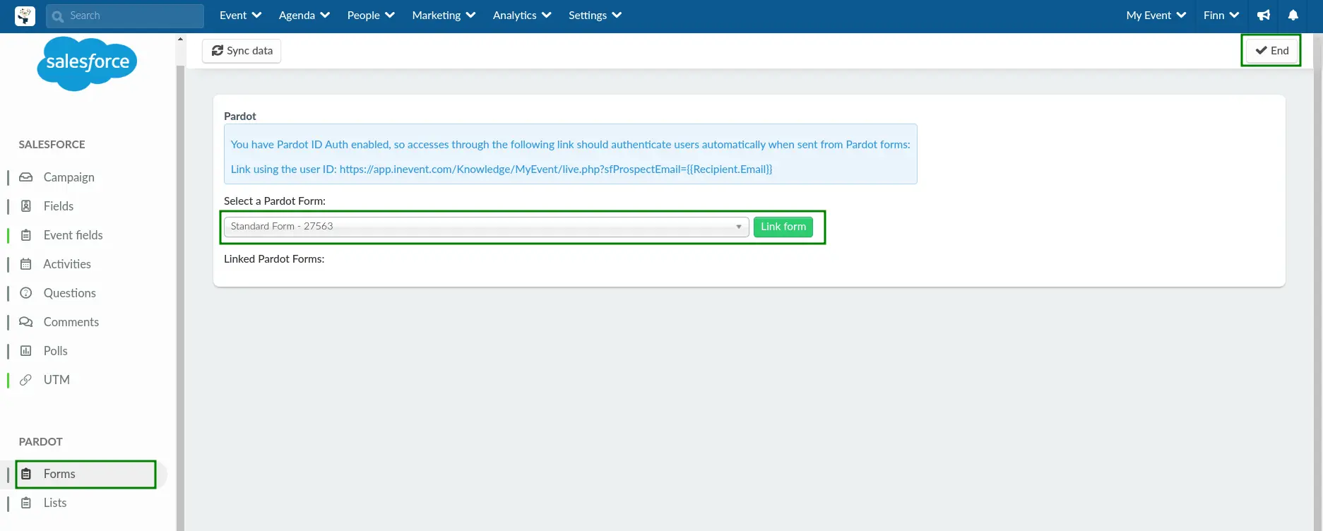 Screenshot showing how to link Pardot forms.