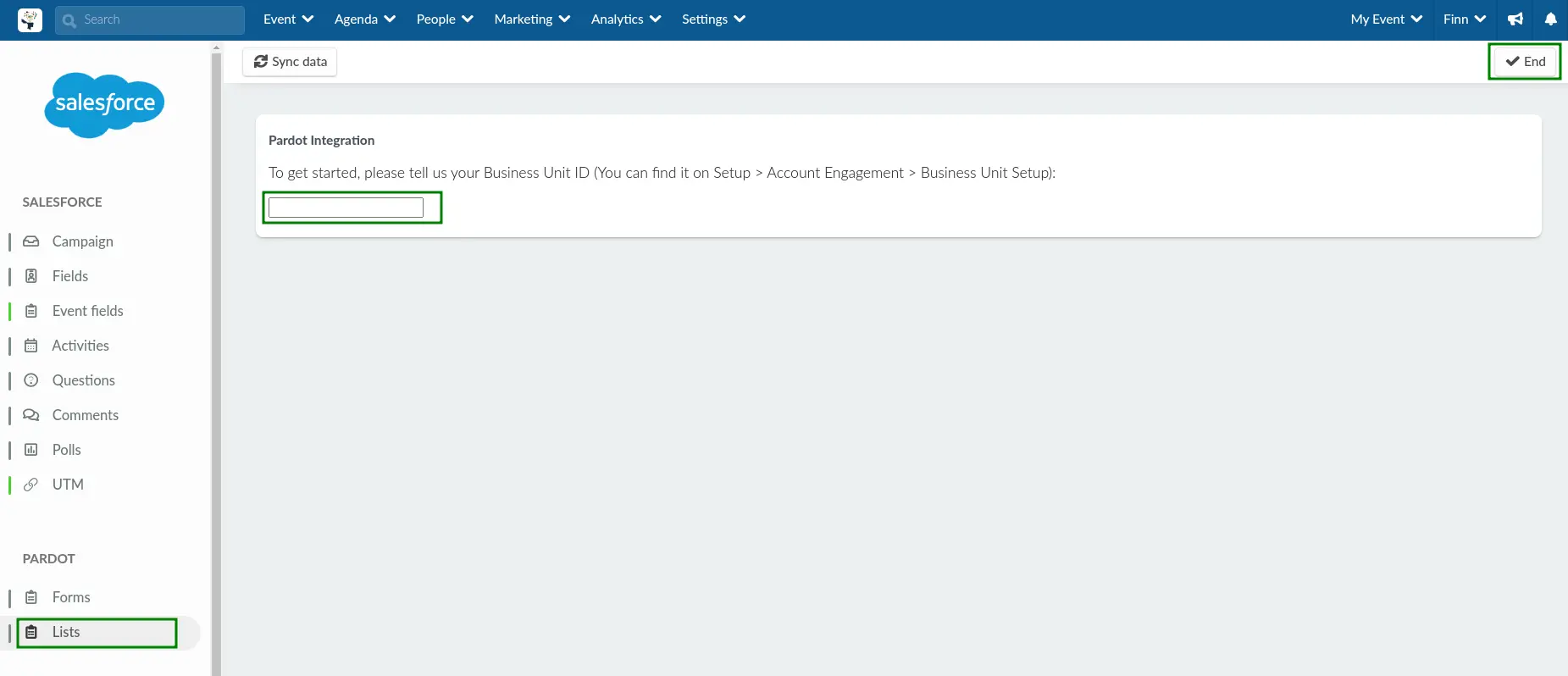 Screenshot of the Business Unit ID field within the Salesforce Pardot integration page