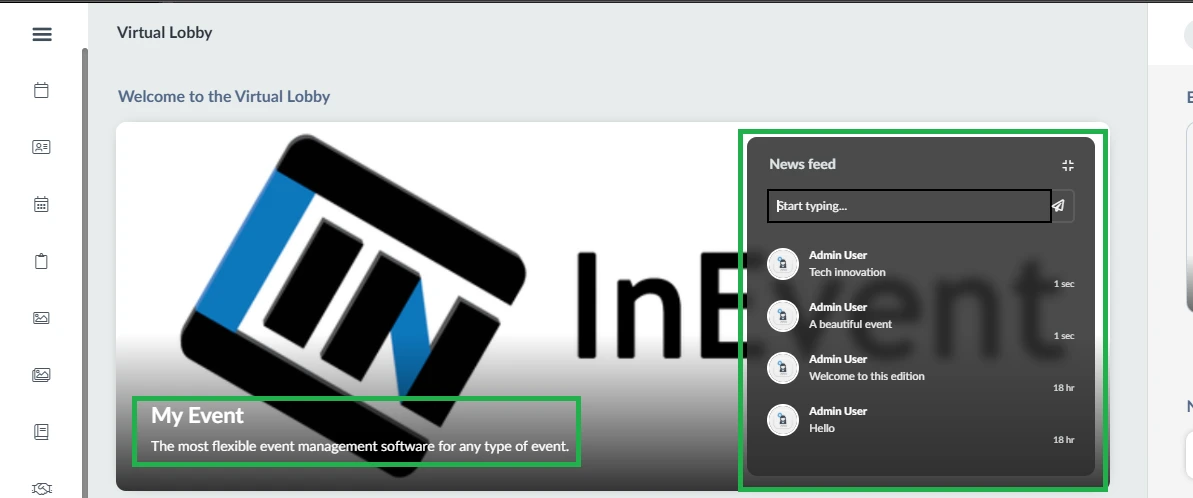 Event name, general description and Newsfeed overlayed on the welcome cover