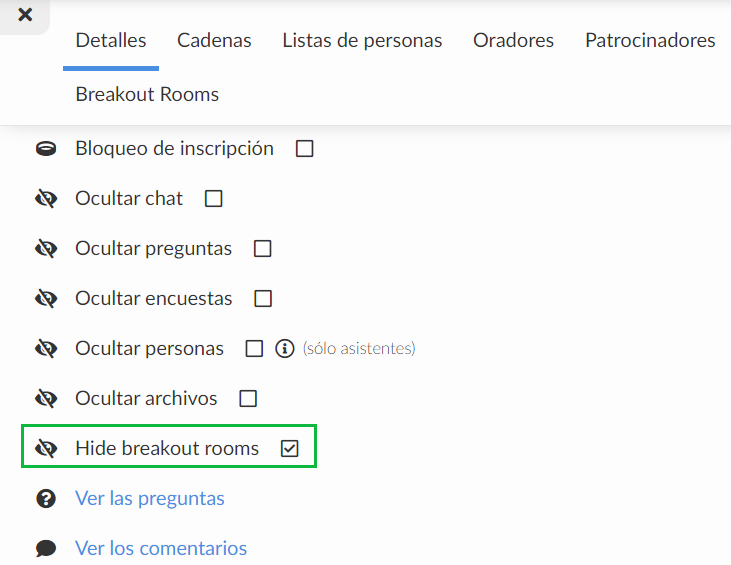 Ocultar salas de discusión