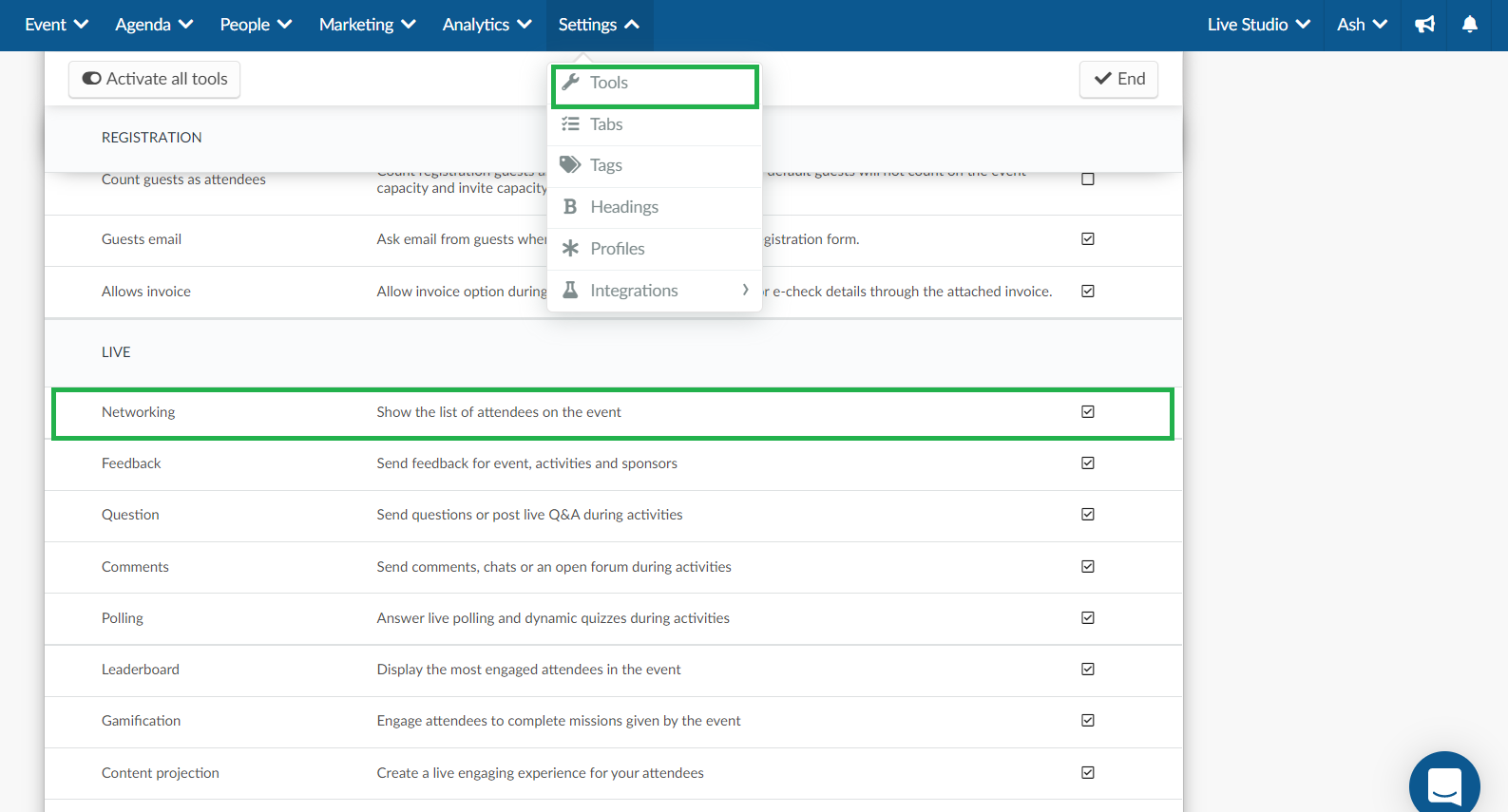 Enabling the networking tool