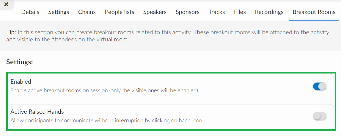 settings for the breakout rooms