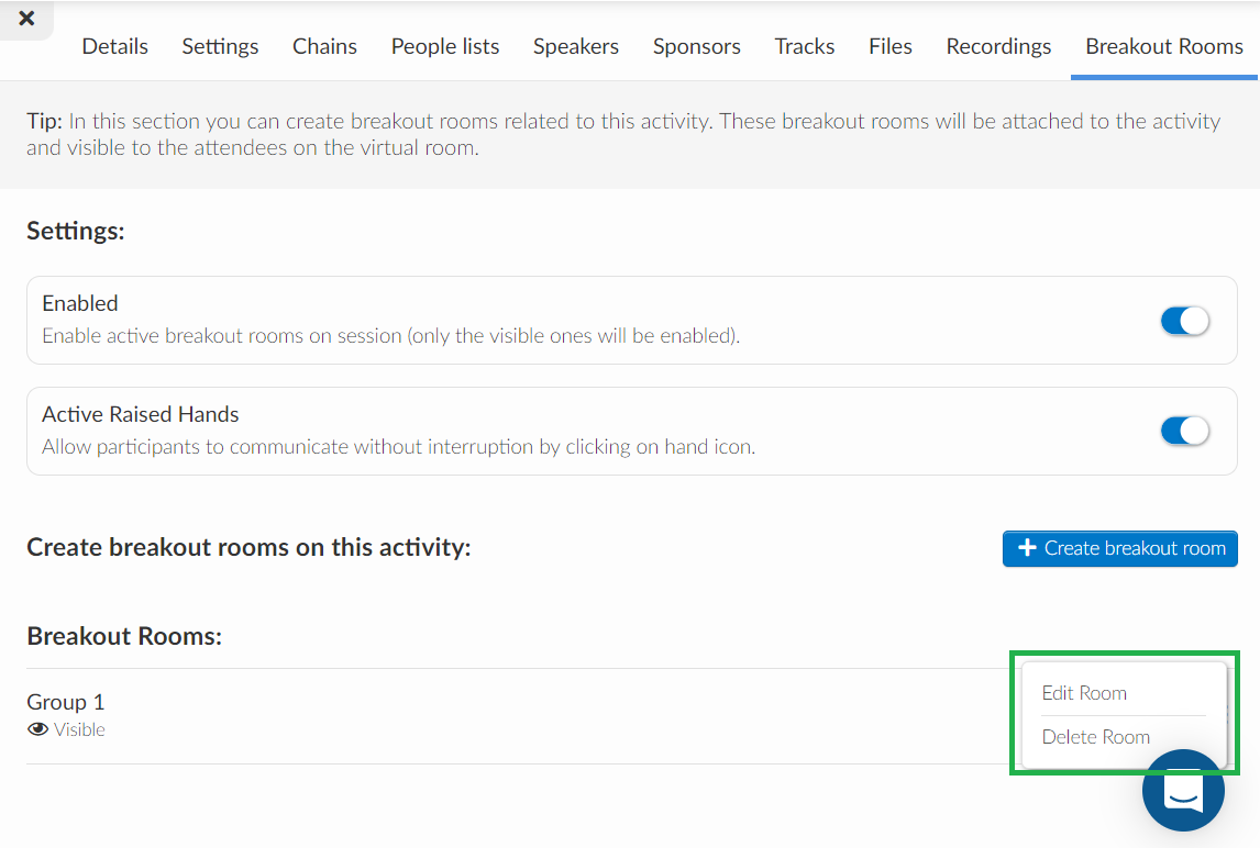 editing or deleting the breakout room at the backend
