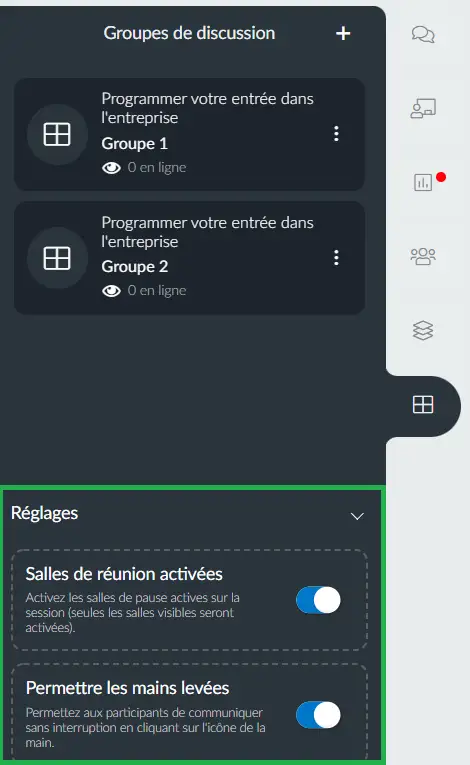 Réglages des groupes de discussion dans une activité