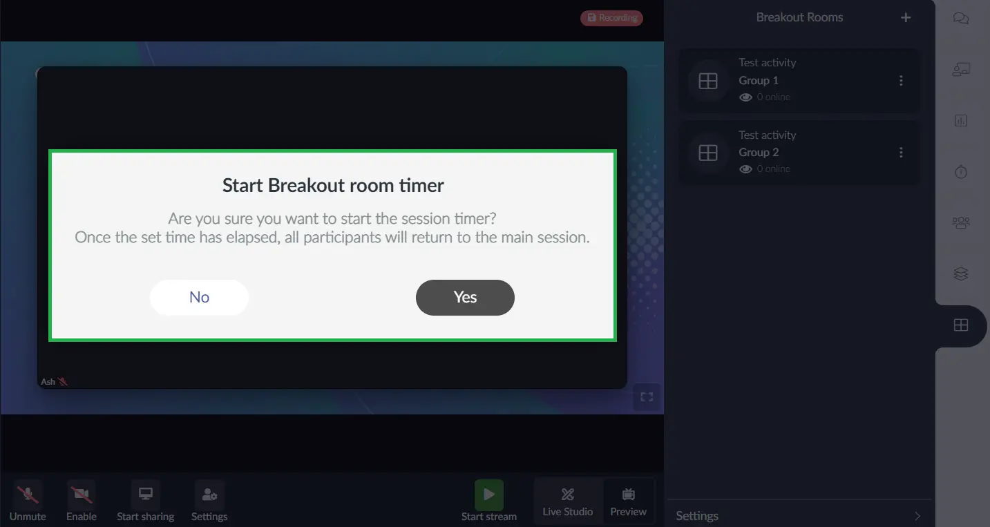 Starting the breakout room timer