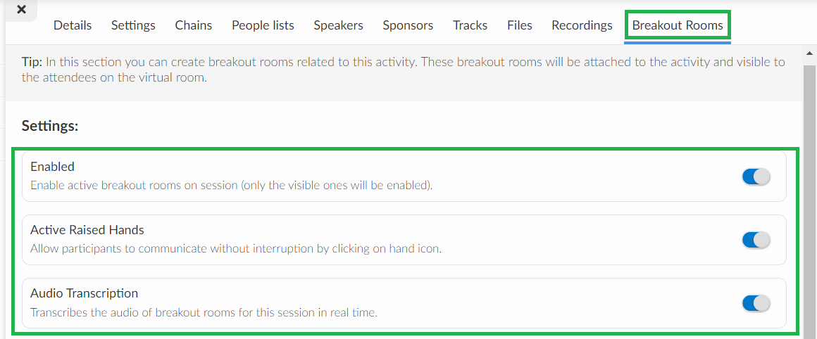 settings for the breakout rooms