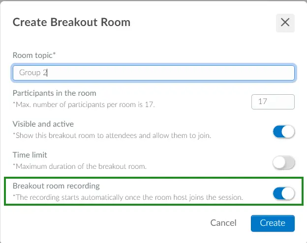 Create breakout room pop up