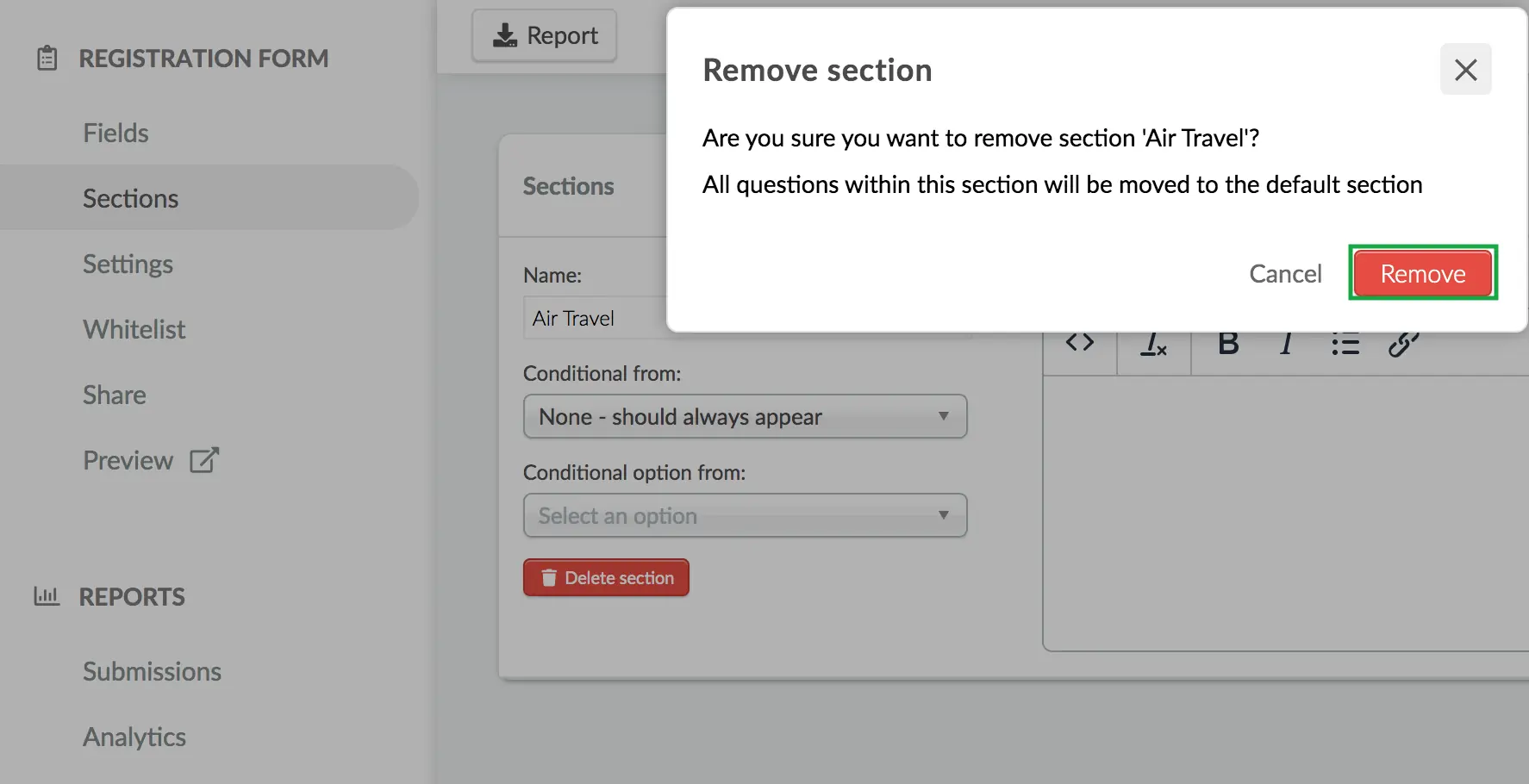 Clicking remove to finalize deletion of the section