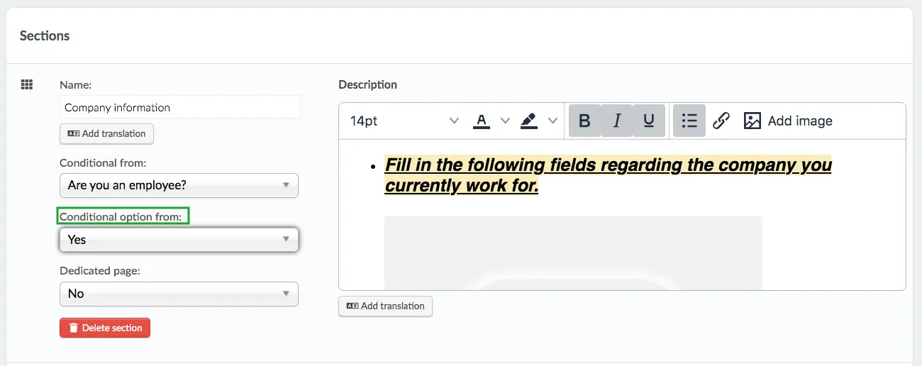 Image showing the conditional option from when adding a section as a conditional to a question