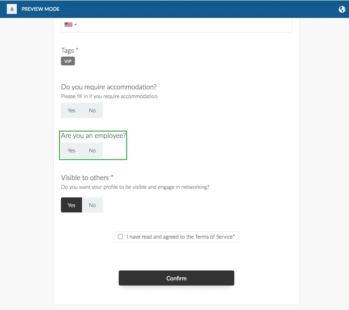 Image showing the conditional question on the registration form