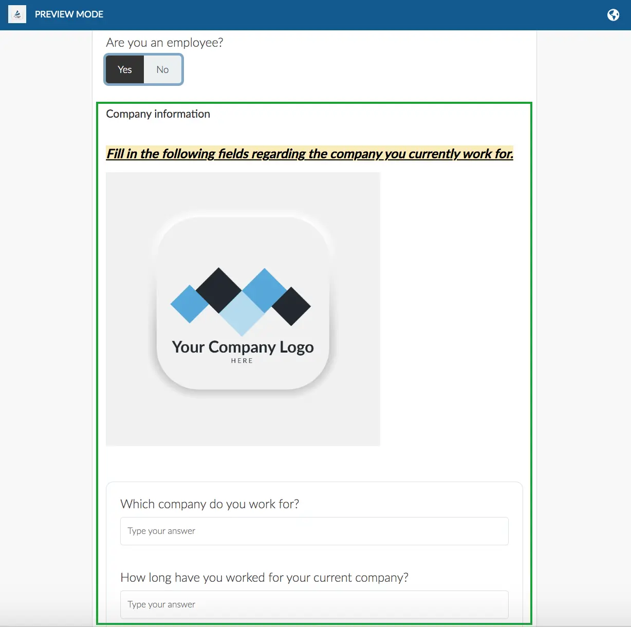 Image showing how the section appears when answering a question which has been set conditional to a section on the registration form