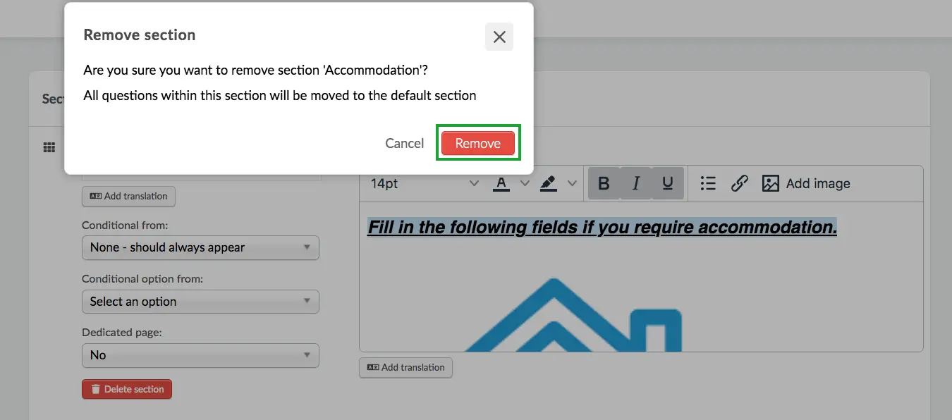 Clicking remove to finalize deletion of the section