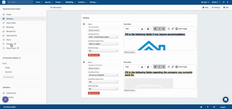 Gif showing how to preview section on registration form