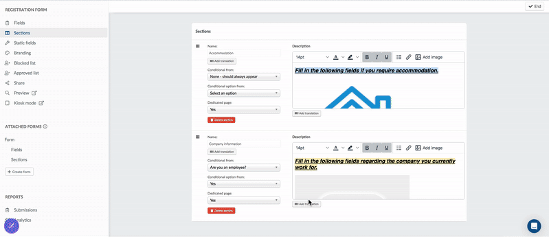 image showing how to add images, links and text to the translation window in sections