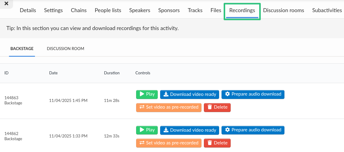 Screenshot showing the recording tab