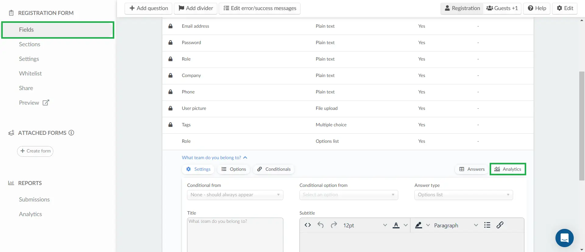 Analytics button from question tab