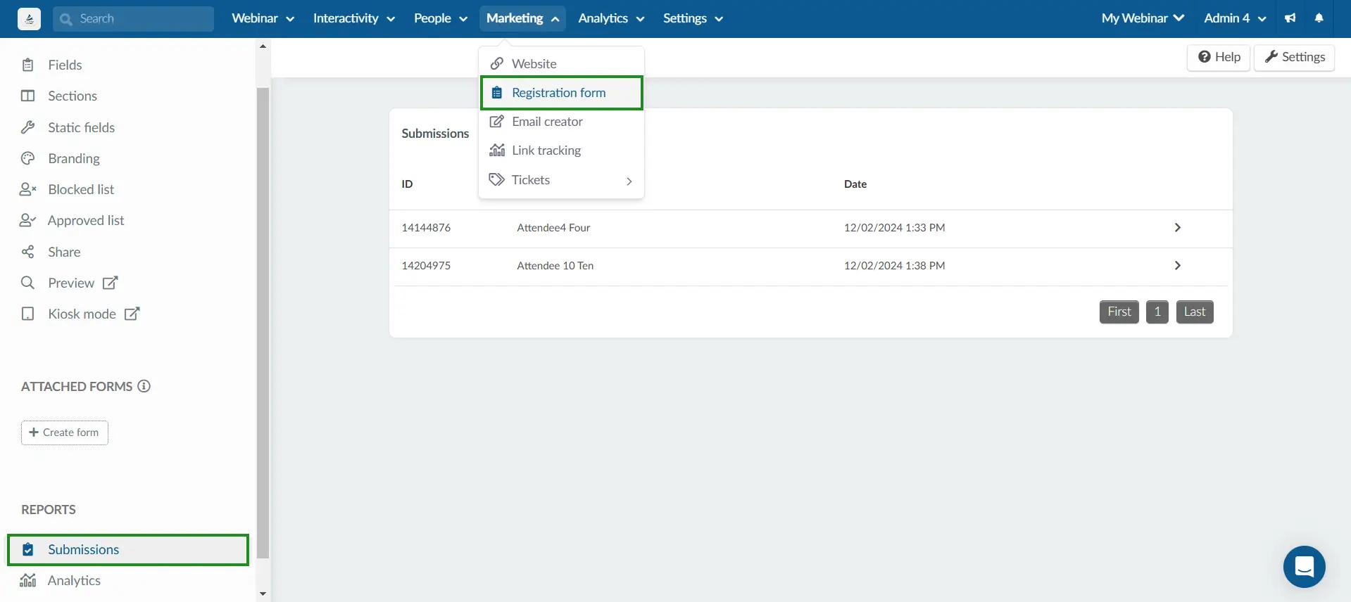 Showing the submissions tab on the registration form.