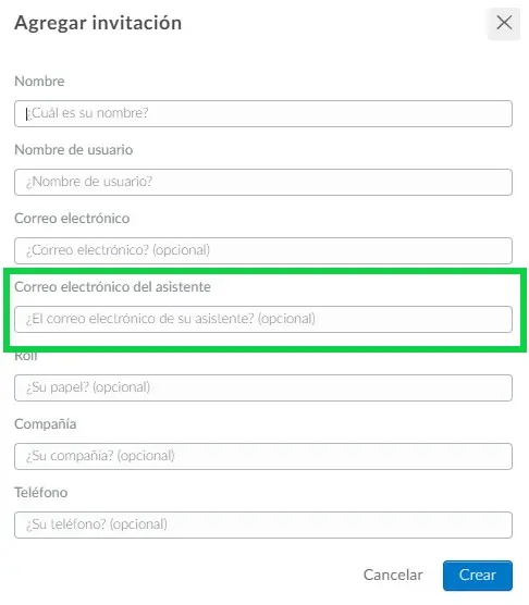 imagen que muestra Personas > Invitados>+Agregar invitación>Rellenar el campo de información del asistente para incluirlo.