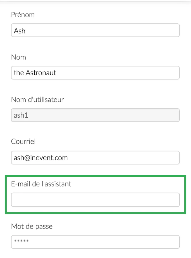 Capture d'écran: ajouter l'e-mail de l'assistant